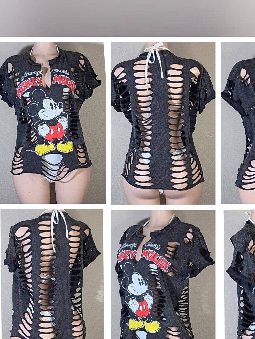 Mickey Mouse Custom  Distressed Ripped Black Graphic Tee
